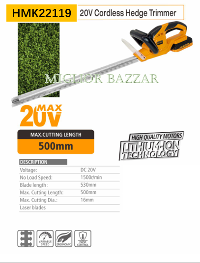 HMK22119-Tagliasiepi a batteria da 20 V - Giardinaggio professionale, facile controllo