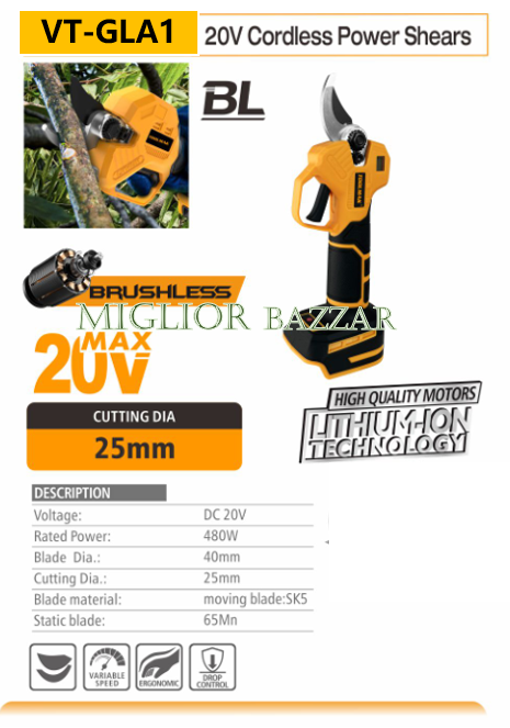VT-GLA1-Forbici elettriche da potatura senza spazzole 20V: taglio super veloce, batteria a lunga durata, lo strumento definitivo per il giardinaggio professionale e il fai da te