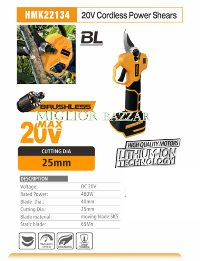 HMK22134-Forbici elettriche da potatura senza spazzole 20V: taglio super veloce, batteria a lunga durata, lo strumento definitivo per il giardinaggio professionale e il fai da te