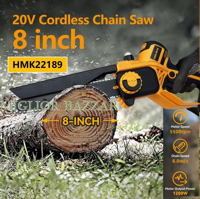 HMK22189-Motosega a batteria senza spazzole da 20 V: batteria a lunghissima durata, velocità di recupero estremamente rapida e maggiore efficienza di taglio!